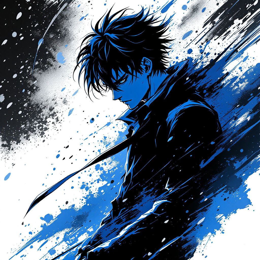 FLUX prompt: Anime poster, a male character in black, white, a...