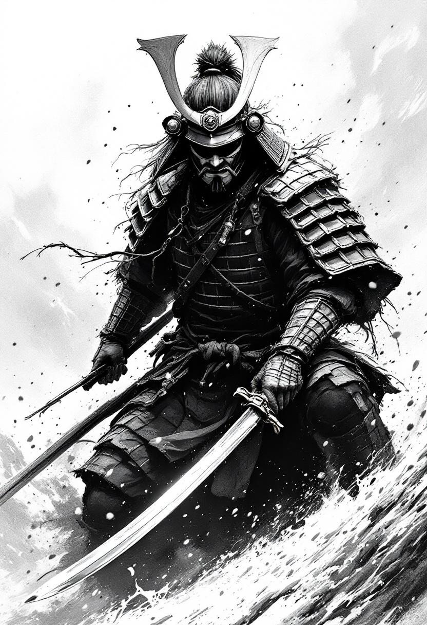 FLUX prompt: black and white image of a samurai who is determin...