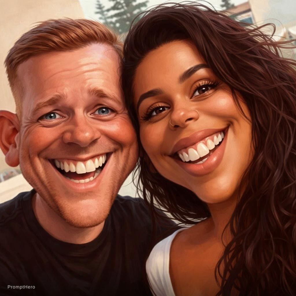 Hero prompt: funny caricature, adult man and woman (input Image...