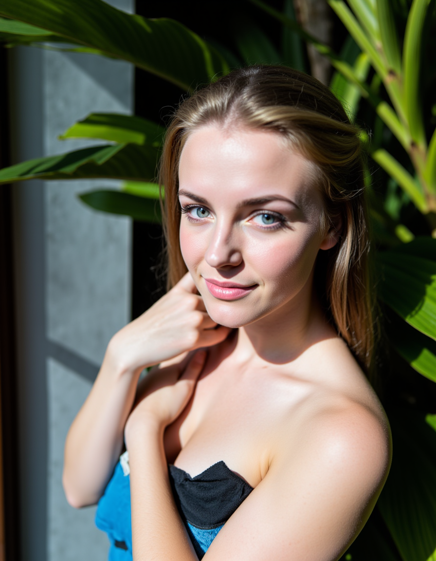 FLUX prompt: A woman with light blue eyes and blonde hair stand...