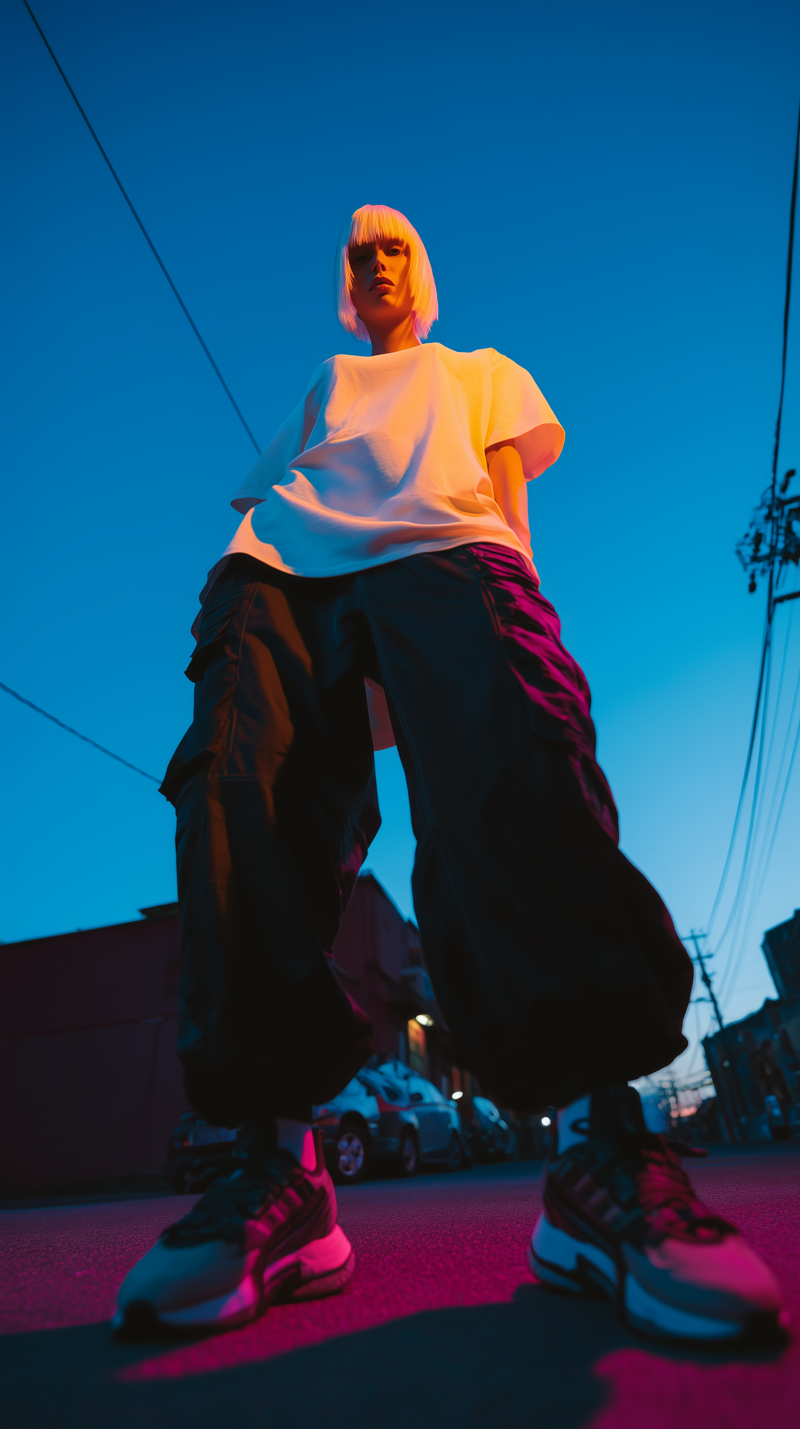 Midjourney Shatter prompt: photography, female model, bottom tilt shot, front...