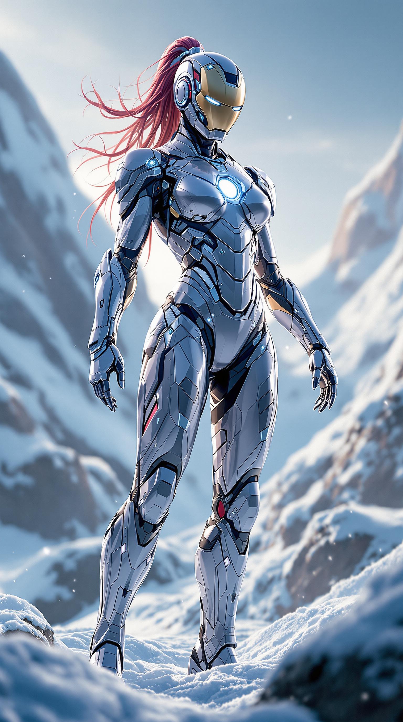 FLUX prompt: Female M Iron Man's suit, curvaceous figure, full-...
