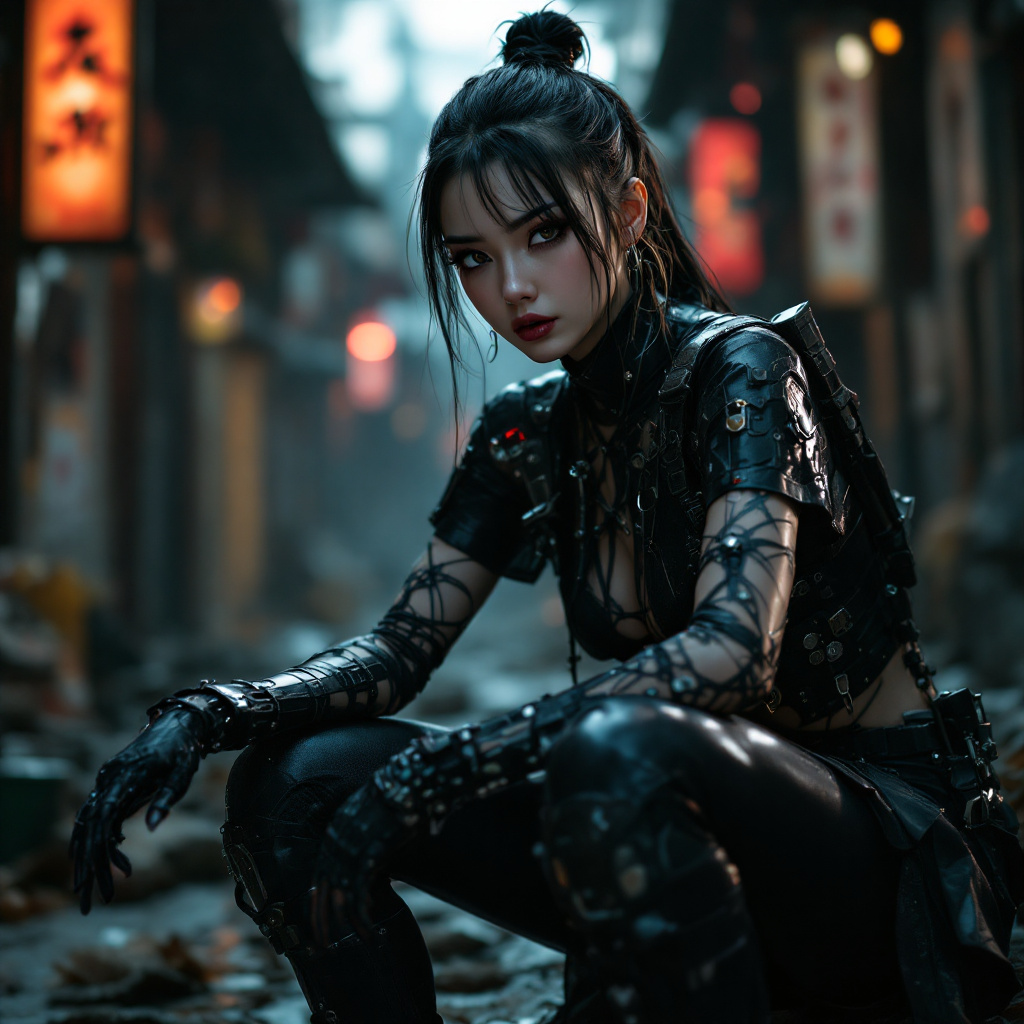 FLUX prompt: Gorgeous 18 years dystopian Japanese girl wearing...