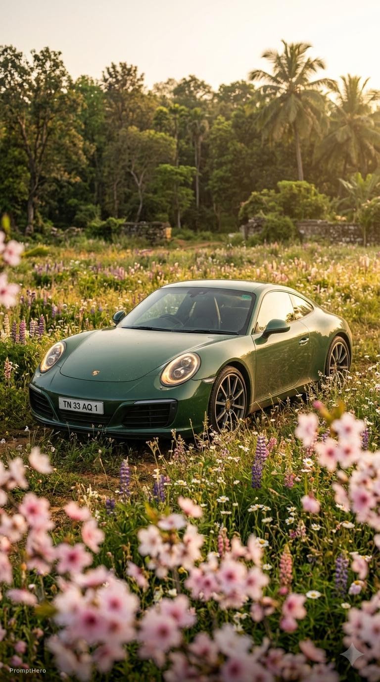 Hero prompt: extremely low shot of a forest green porche 911 in...
