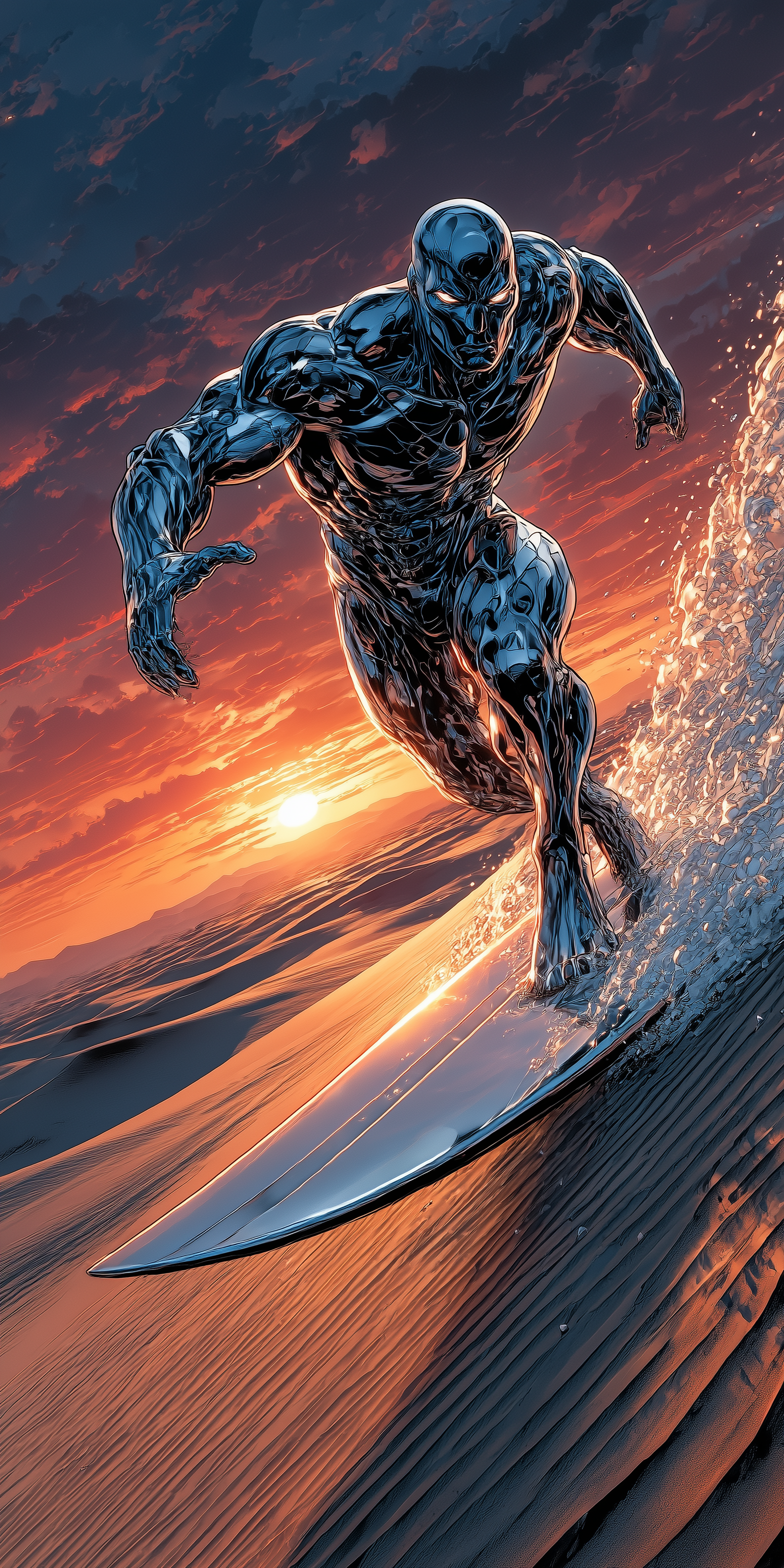 Midjourney prompt: Silver Surfer, 5D UHD Cinematic, sharp focus, rend...