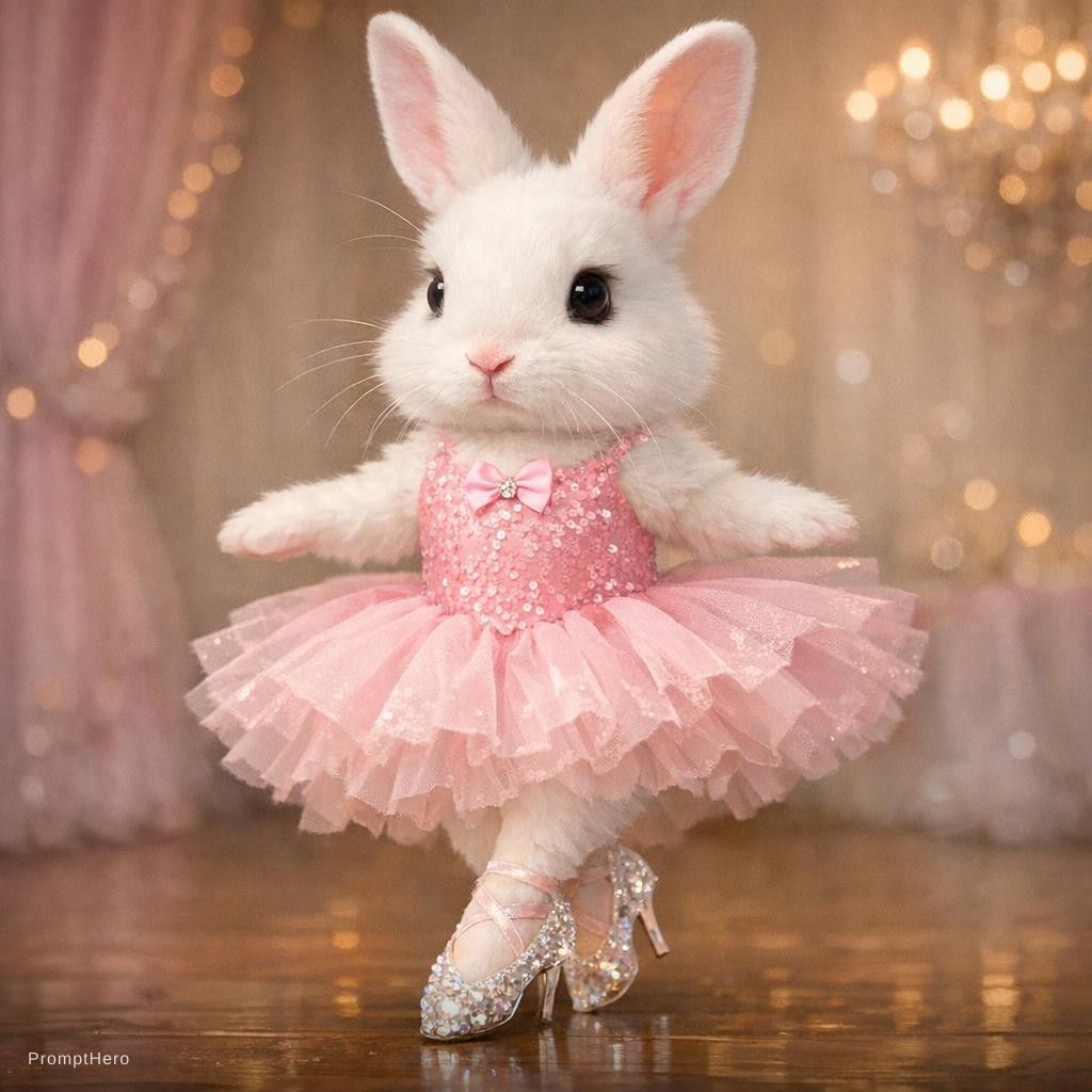 ChatGPT Image prompt: A white rabbit with a pink dancing dress and cryst