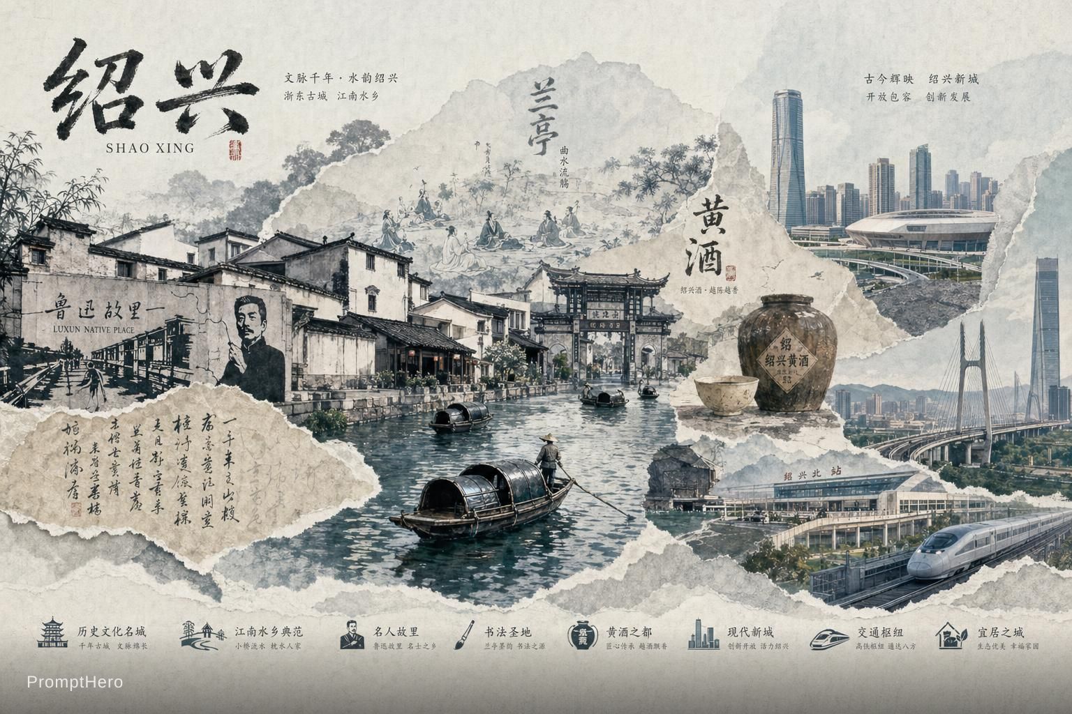 ChatGPT Image prompt: A3 横向绍兴城市拼贴画,水墨国风撕纸拼贴,江南水乡白墙黑瓦、乌篷船、鲁迅故里、兰亭黄酒文化,结合绍...