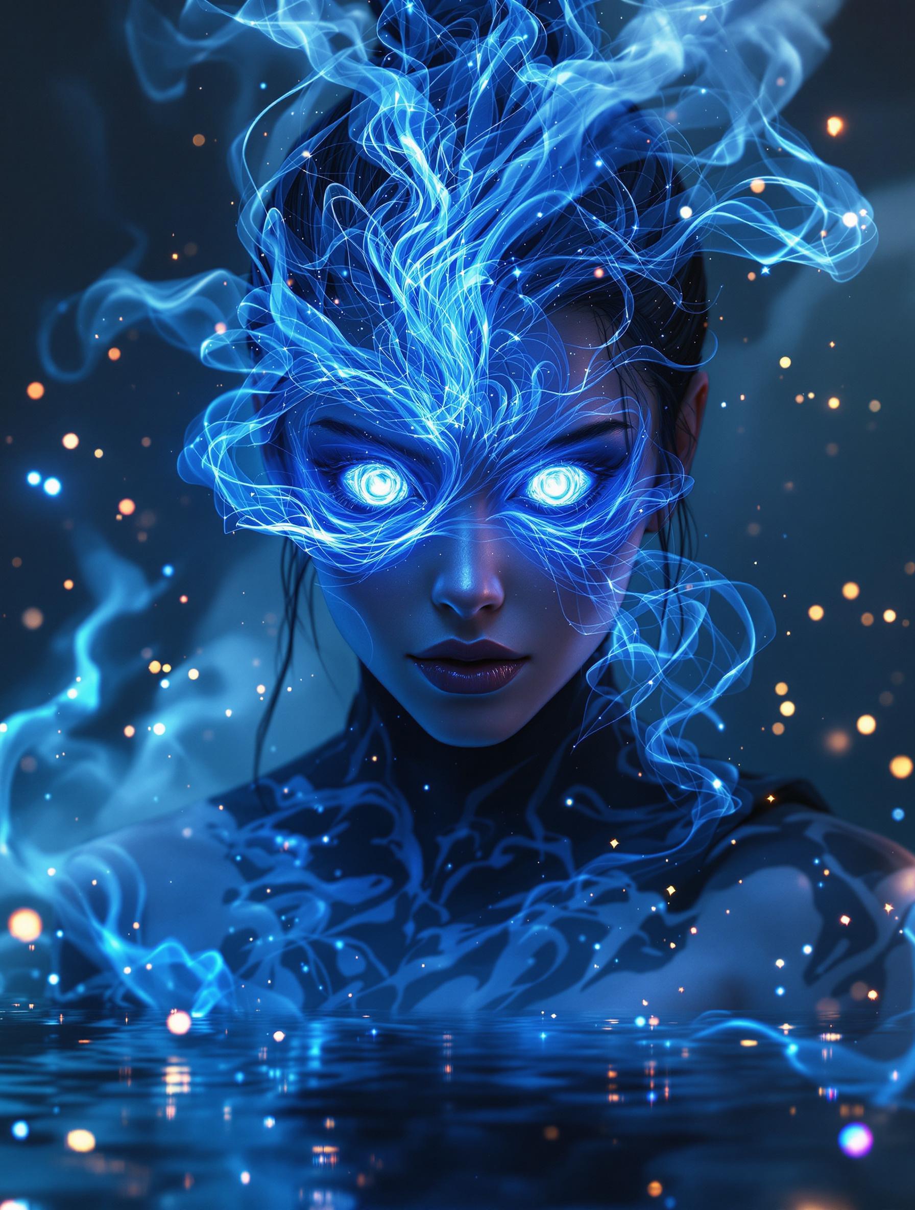 FLUX prompt:  Female ninja with intricate, luminescent blue tat...