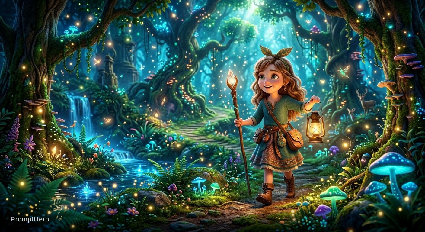 Nano Banana prompt: “A brave little girl exploring an enchanted forest...