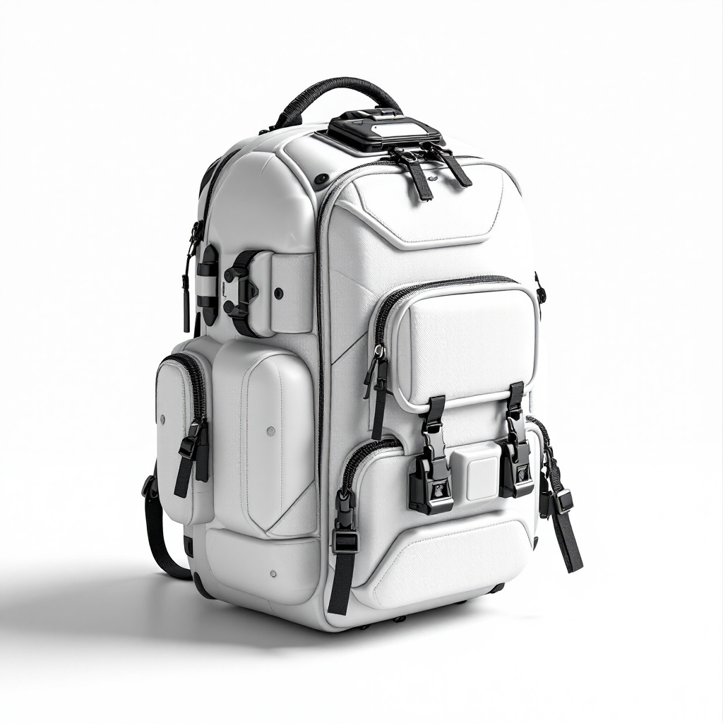 FLUX prompt: fullview hardcase capsule shape white backpack urb...
