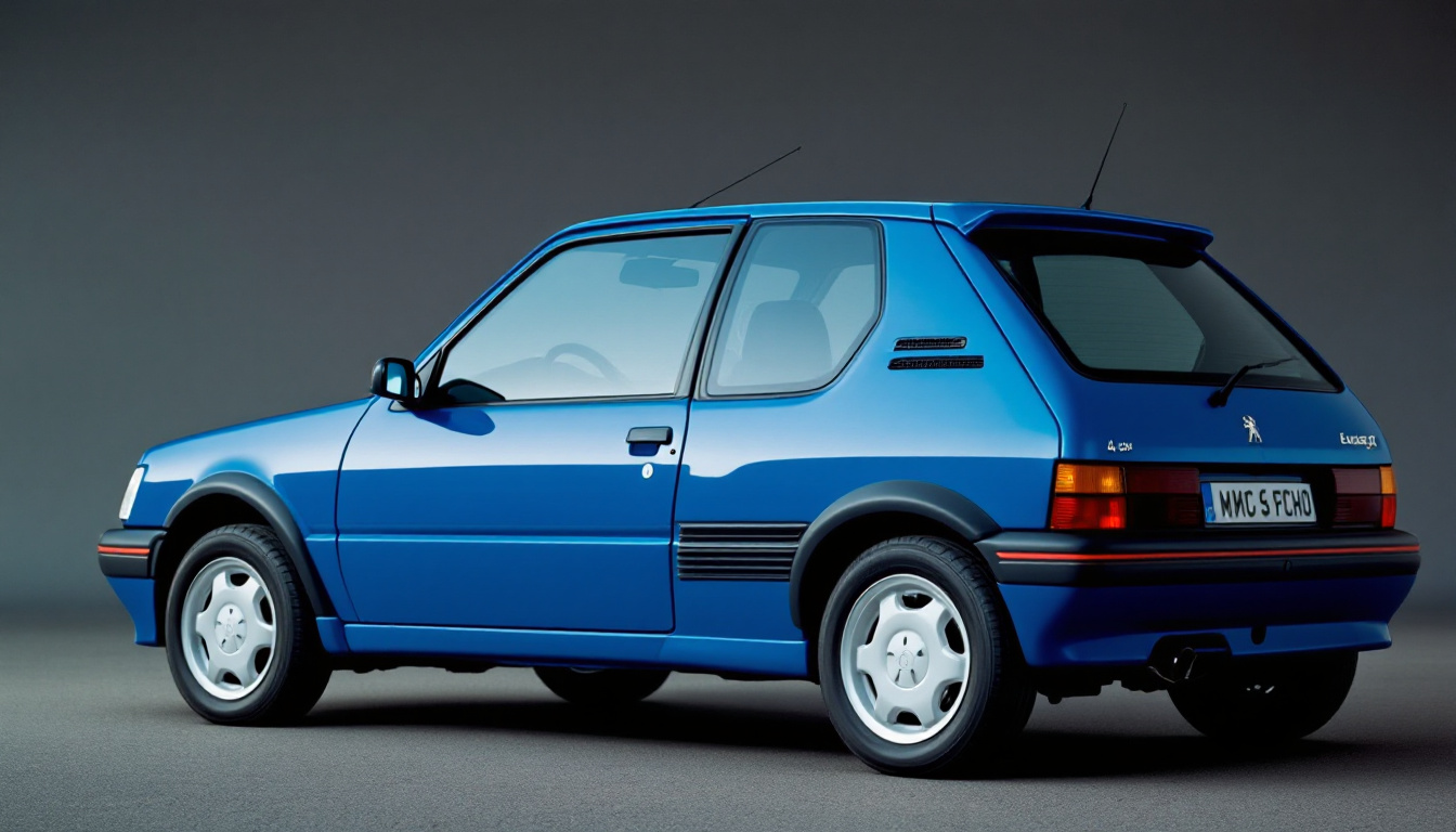 FLUX prompt: Make me an image of a blue 4-door Peugeot 205 seen...