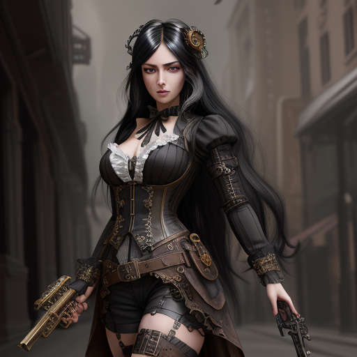 DreamShaper prompt: Very beautiful Steampunk lady, long black hair, st...