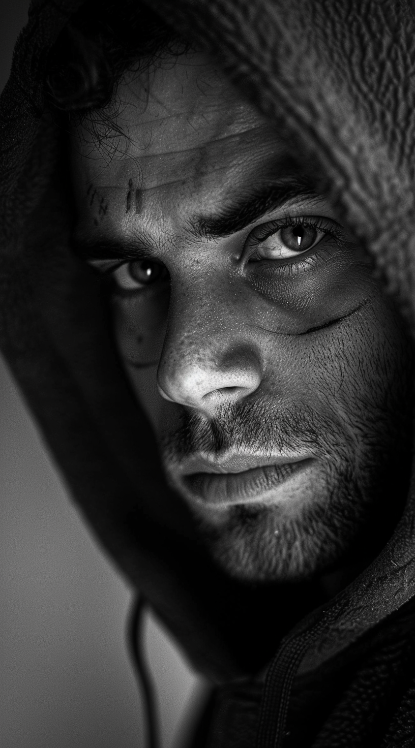 Midjourney prompt: A man with scars on his face wearing a hoodie with...