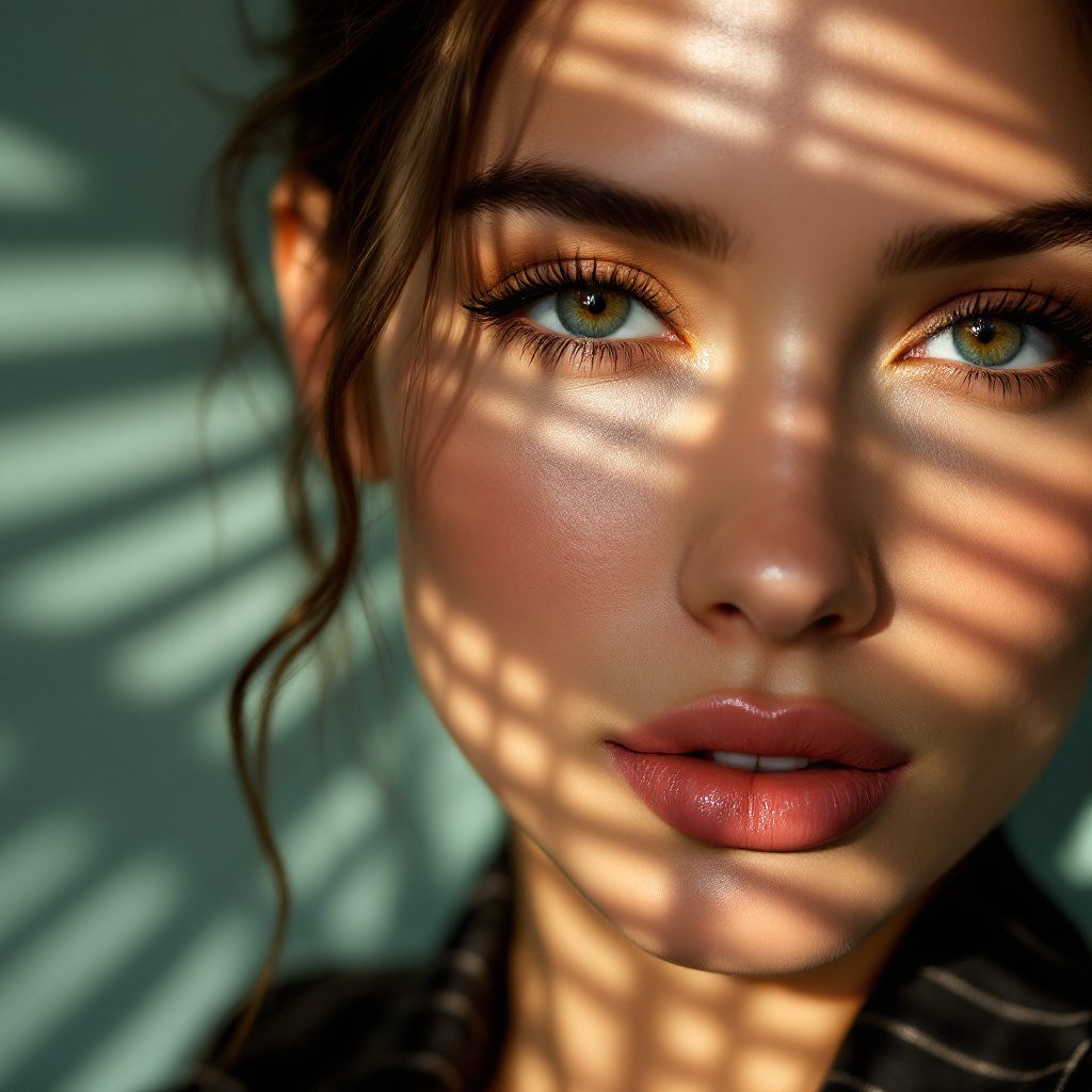 FLUX prompt: Close-up portrait of a woman illuminated by soft, ...