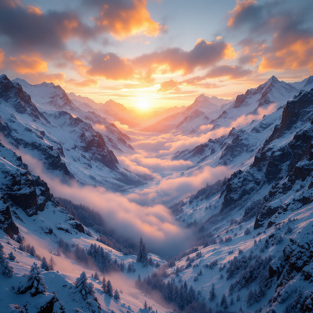 FLUX prompt: snowy valley, with steep mountains around, detaile...