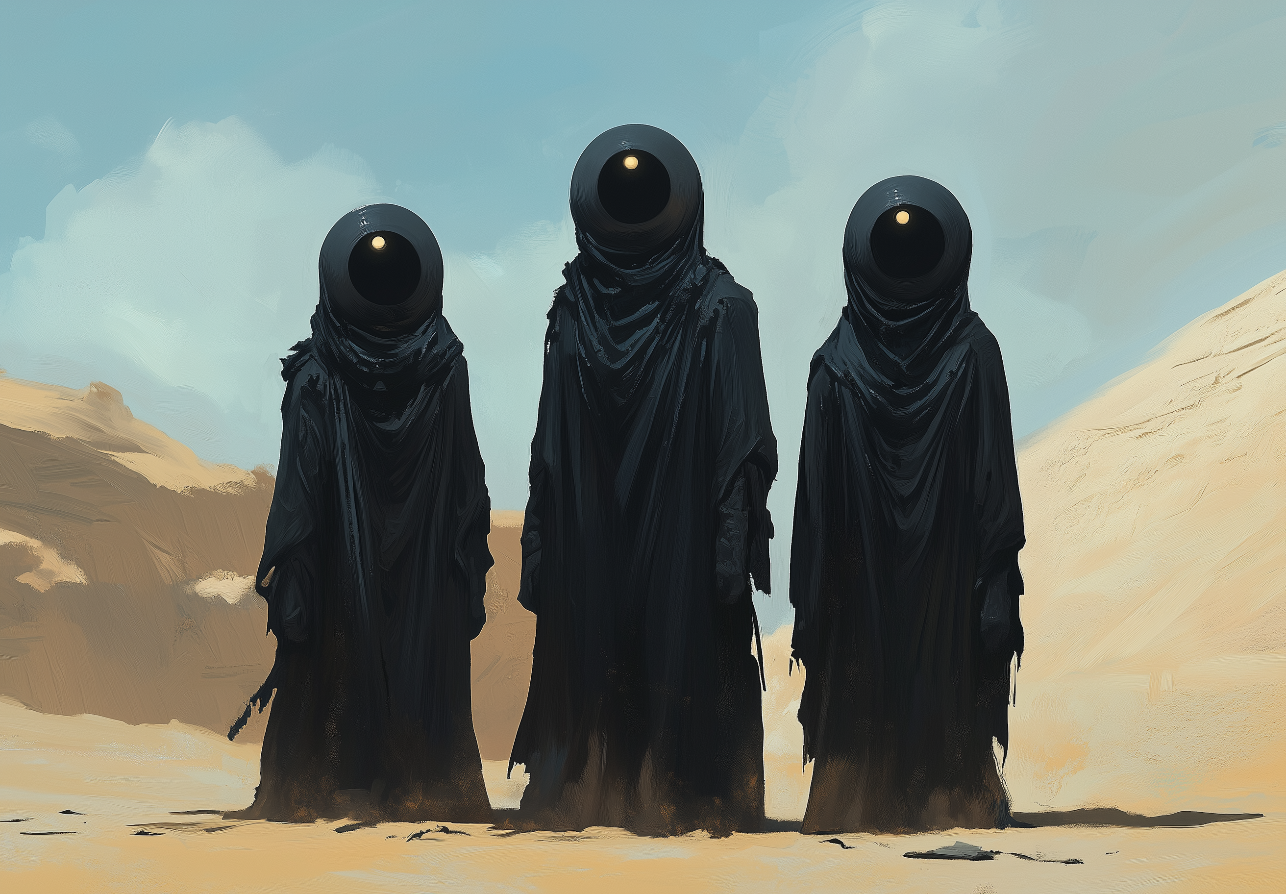 Midjourney prompt: Three dark cultists with large, round heads and bl...