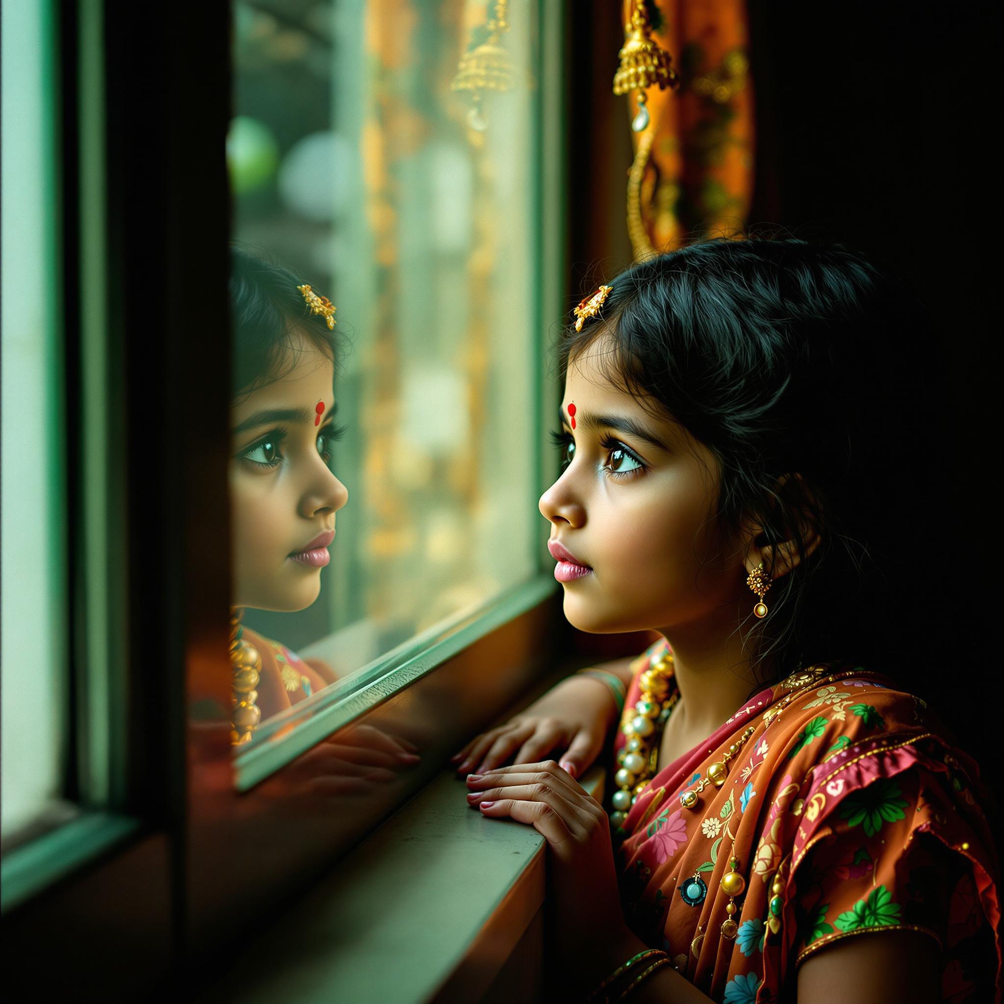 FLUX prompt: the little Indian girl looking out the window, in ...