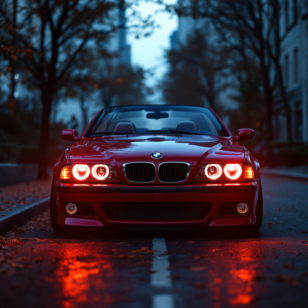 FLUX prompt: dark red bmw e39 M5 convertible, lit angel eyes, c...