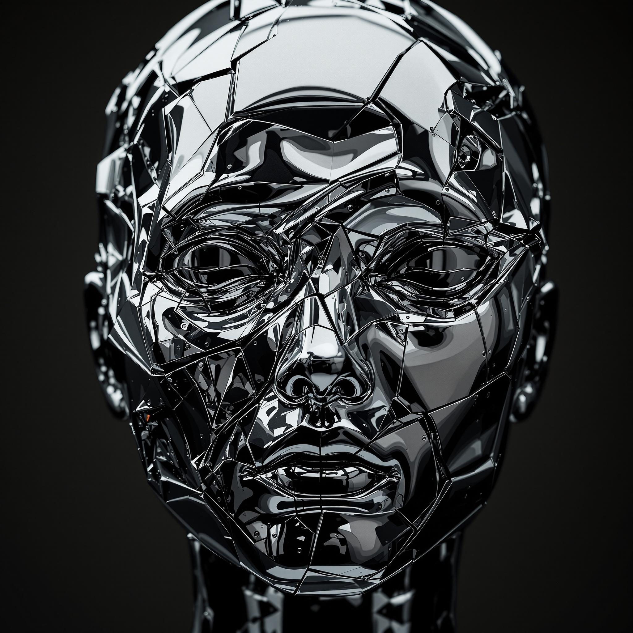 FLUX prompt: highly reflective, polished metal humanoid face, d...