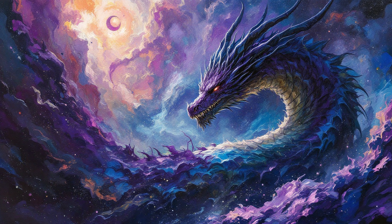 FLUX prompt: oil painting with heavy impasto of a purple dragon...