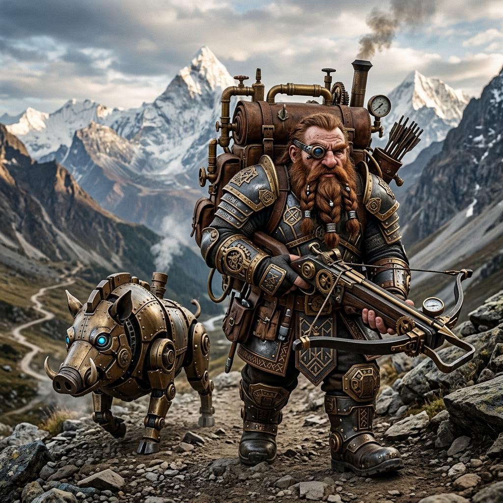 Nano Banana prompt: a male dwarf artificer with a clockwork wearing dw...