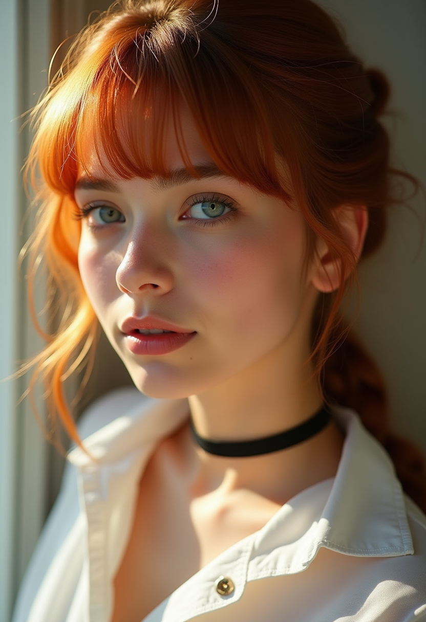 FLUX prompt: Auburn-haired woman with bangs, warm light blue ey...