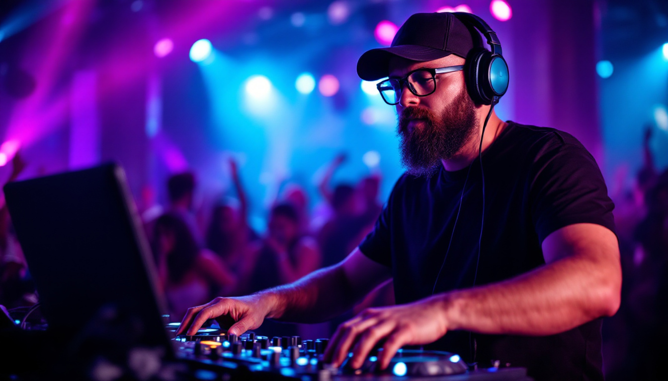 FLUX prompt: A DJ with a beard and glasses wearing a baseball c...