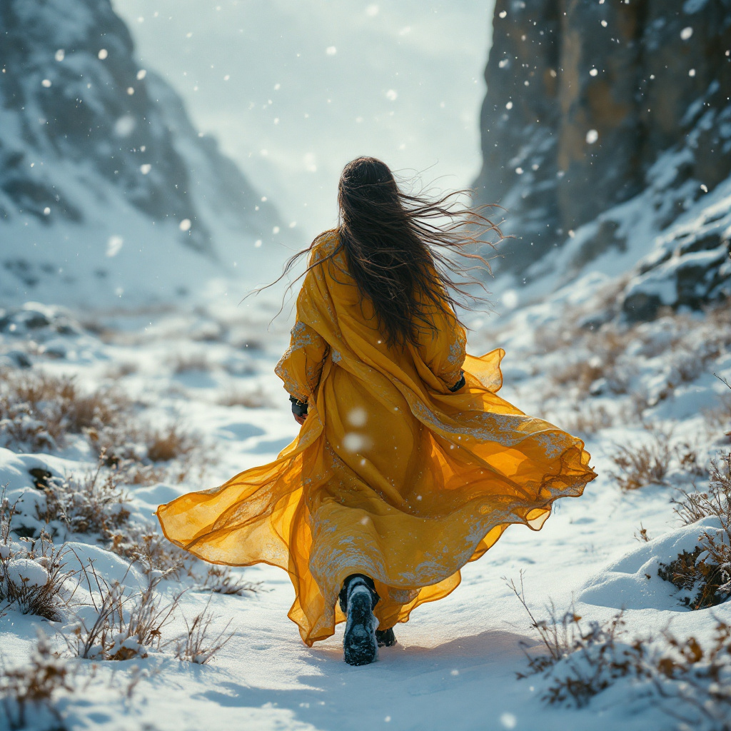 FLUX prompt: a woman with long hair walking through a frozen la...