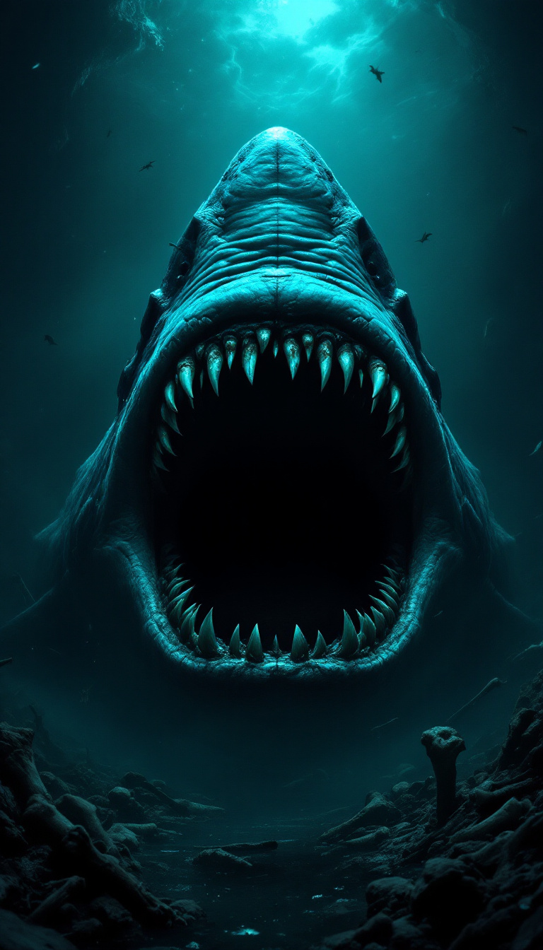 FLUX prompt: A massive Megalodon shark emerging from the dark d...