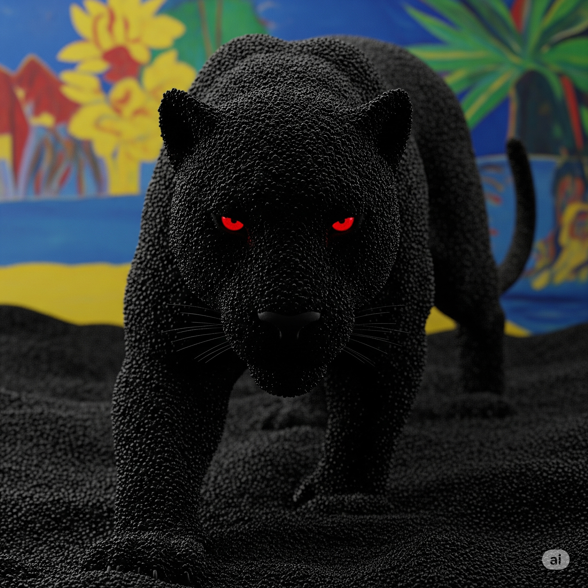 FLUX prompt: panther made out of obsidian sand, colorful gaugui...