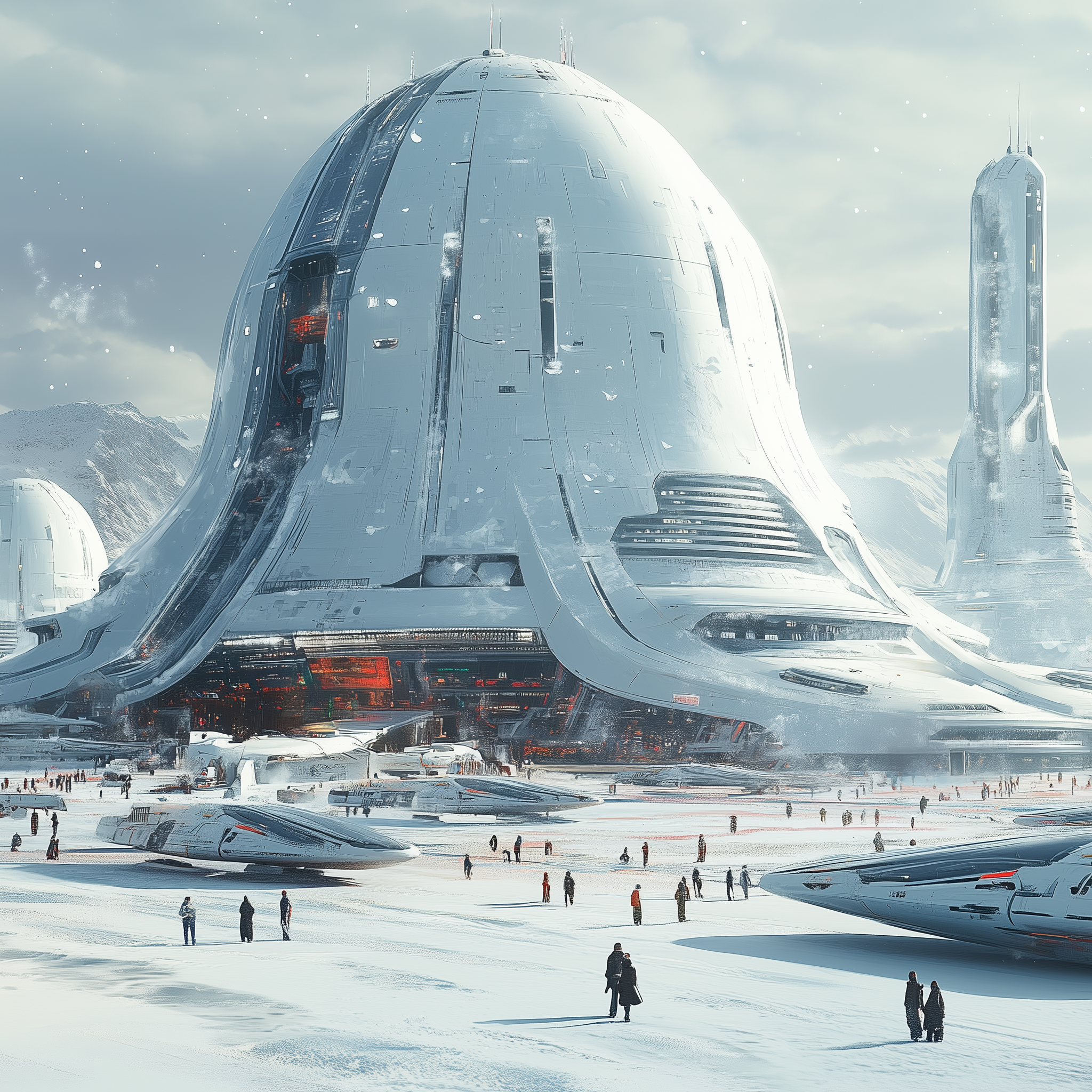 Midjourney prompt: A large spaceport with many spaceships parked, peo...