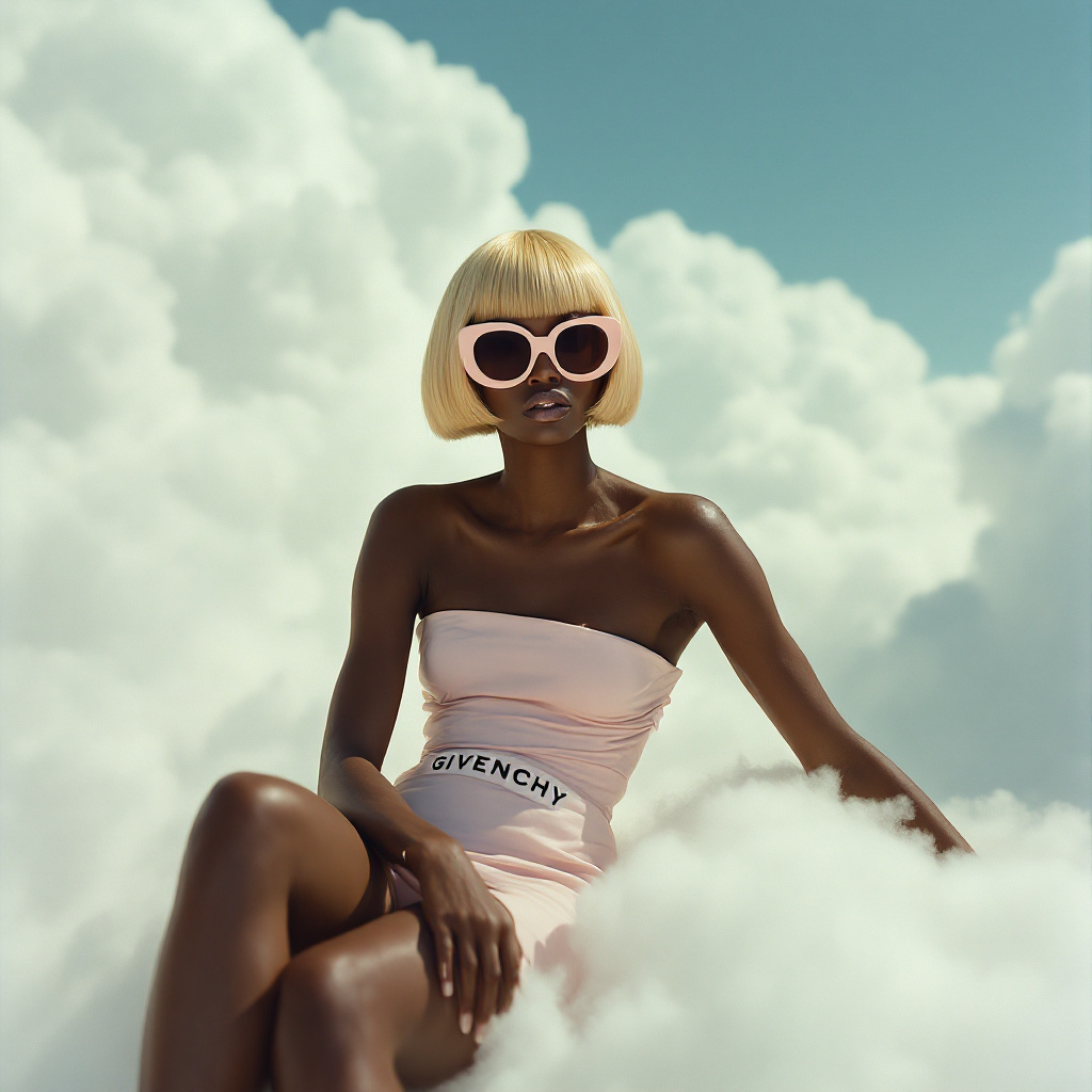 FLUX prompt: A photo of an eccentric black woman sitting on top...