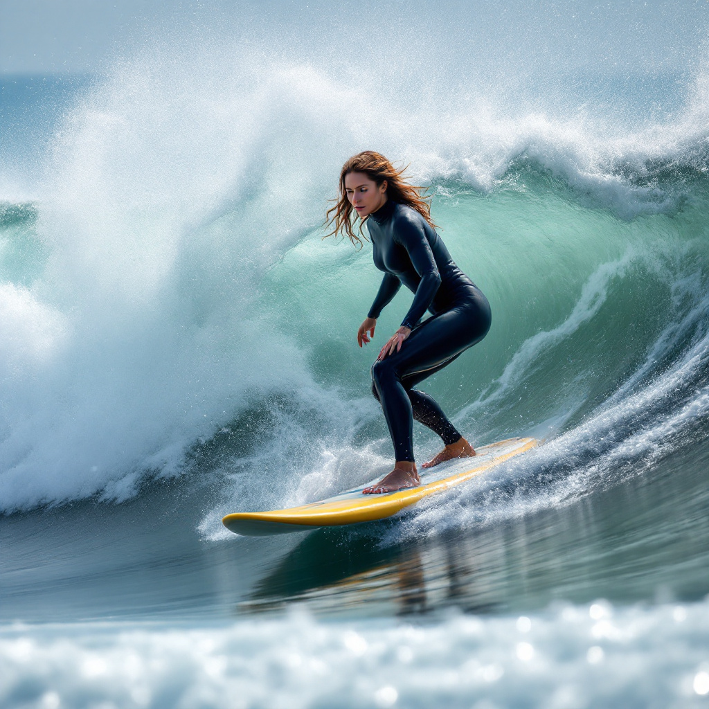 FLUX prompt:  female,The image features a woman riding a wave o...