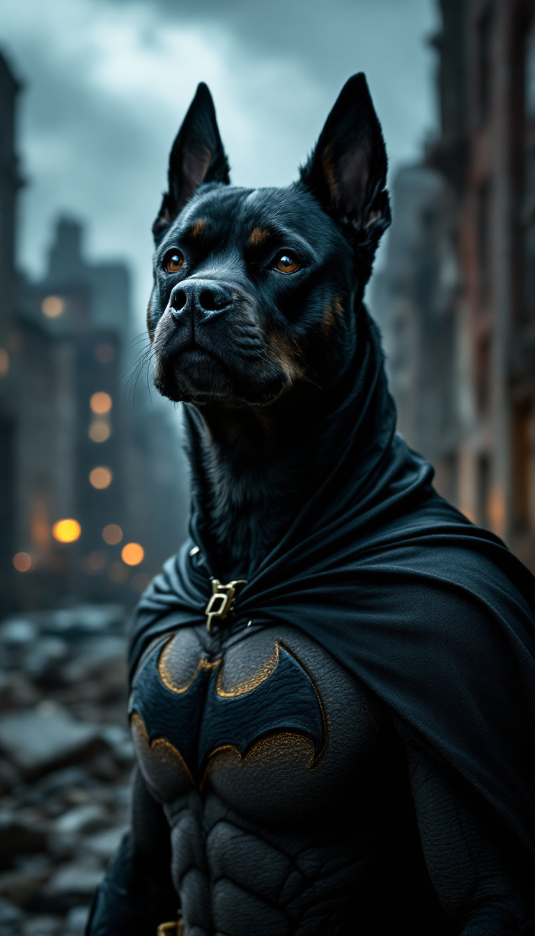 FLUX prompt: raw photo of a dog as batman, black costume heroic...