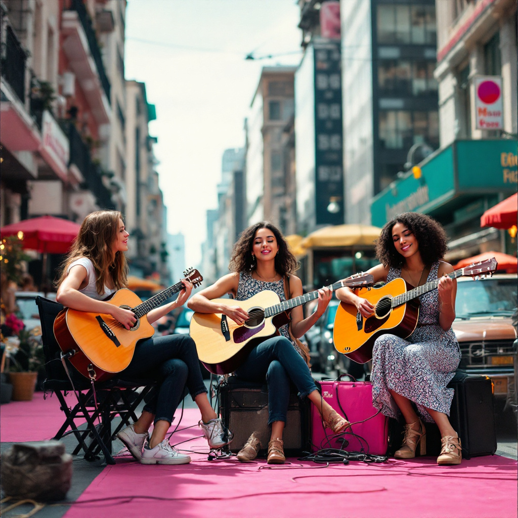 FLUX prompt: A photograph of three girls playing music on the s...