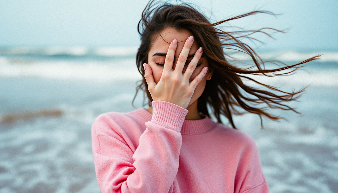 FLUX prompt: 
A woman in a pink sweater covers her eyes with o...
