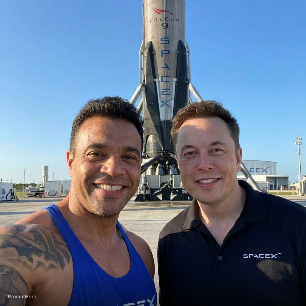 Nano Banana prompt: with Elon Musk in front of a SpaceX rocket, profes...
