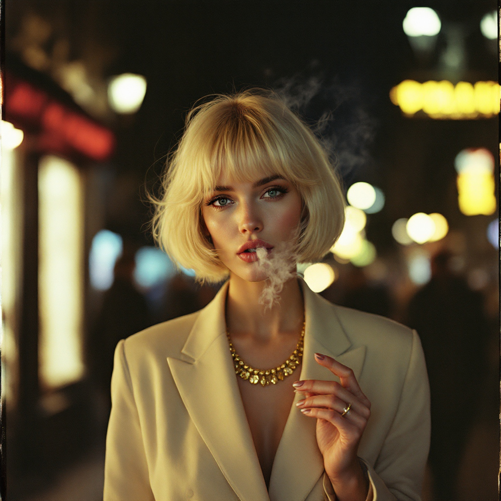 FLUX prompt: a white skin woman with blond bobbed hairstyle. we...