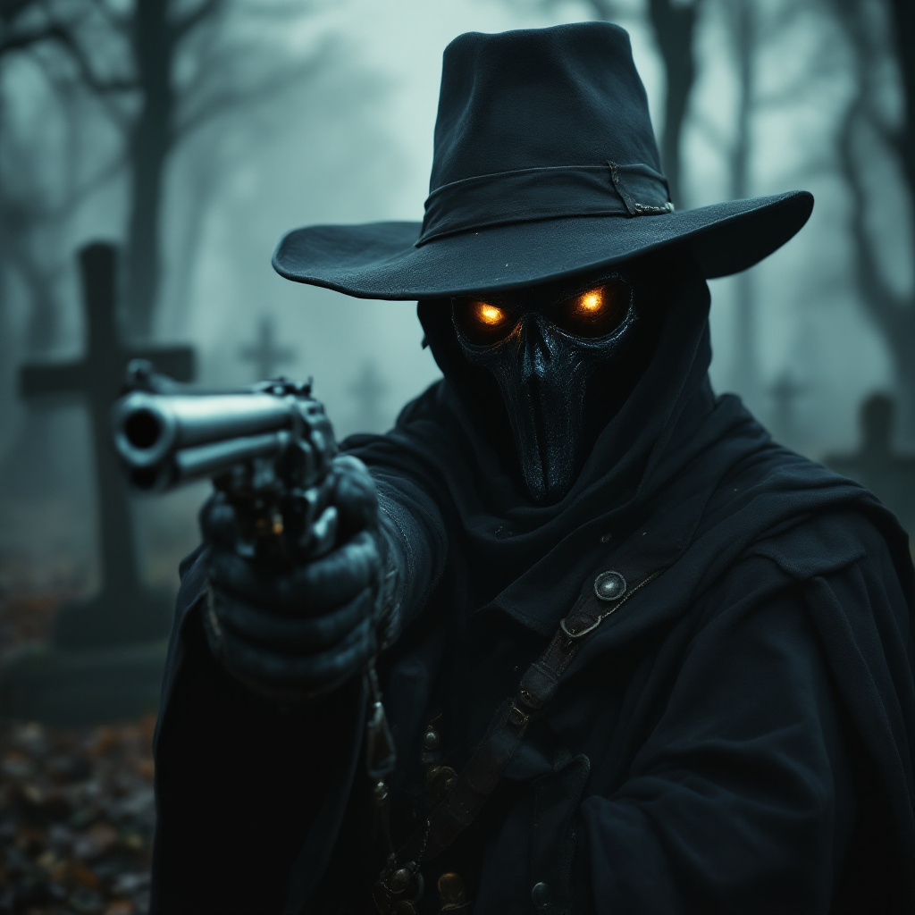 FLUX prompt: 17th century Plague doctor, graveyard, fog, Hat, m...