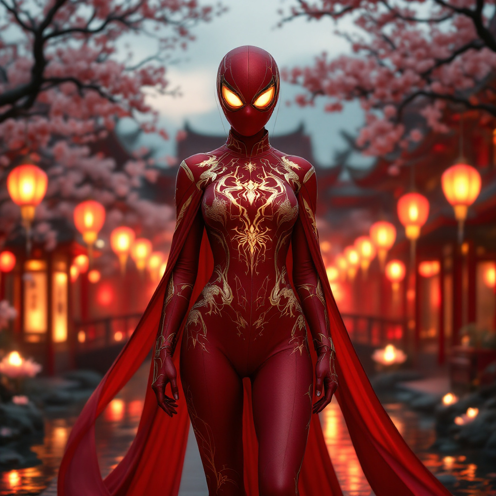 FLUX prompt: Ultra-realistic female Spider-Woman, full-body vie...