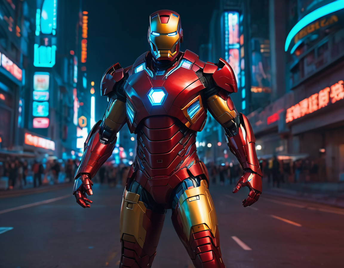Stable Diffusion prompt: A full-body Iron Man character in front of a futur...