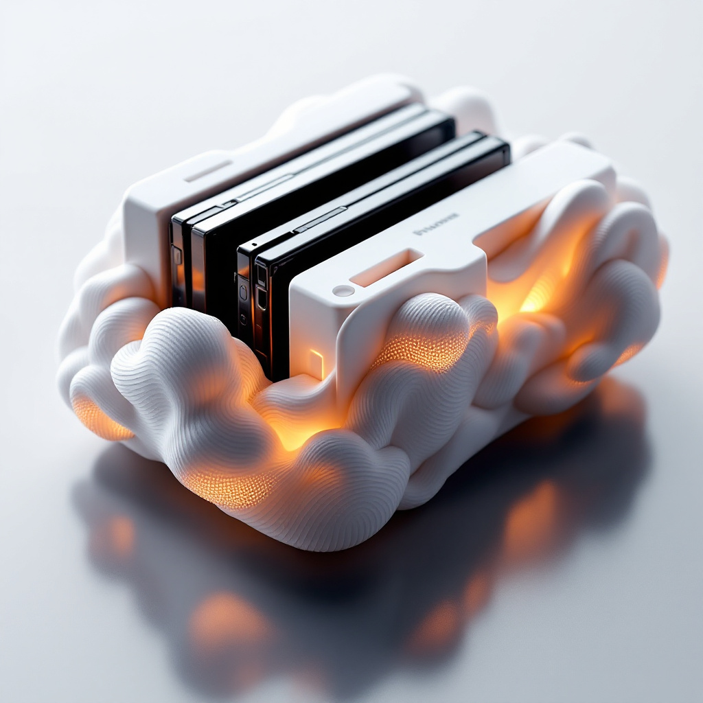 FLUX prompt: 3D printed external hard drive rack, cloud shapess...