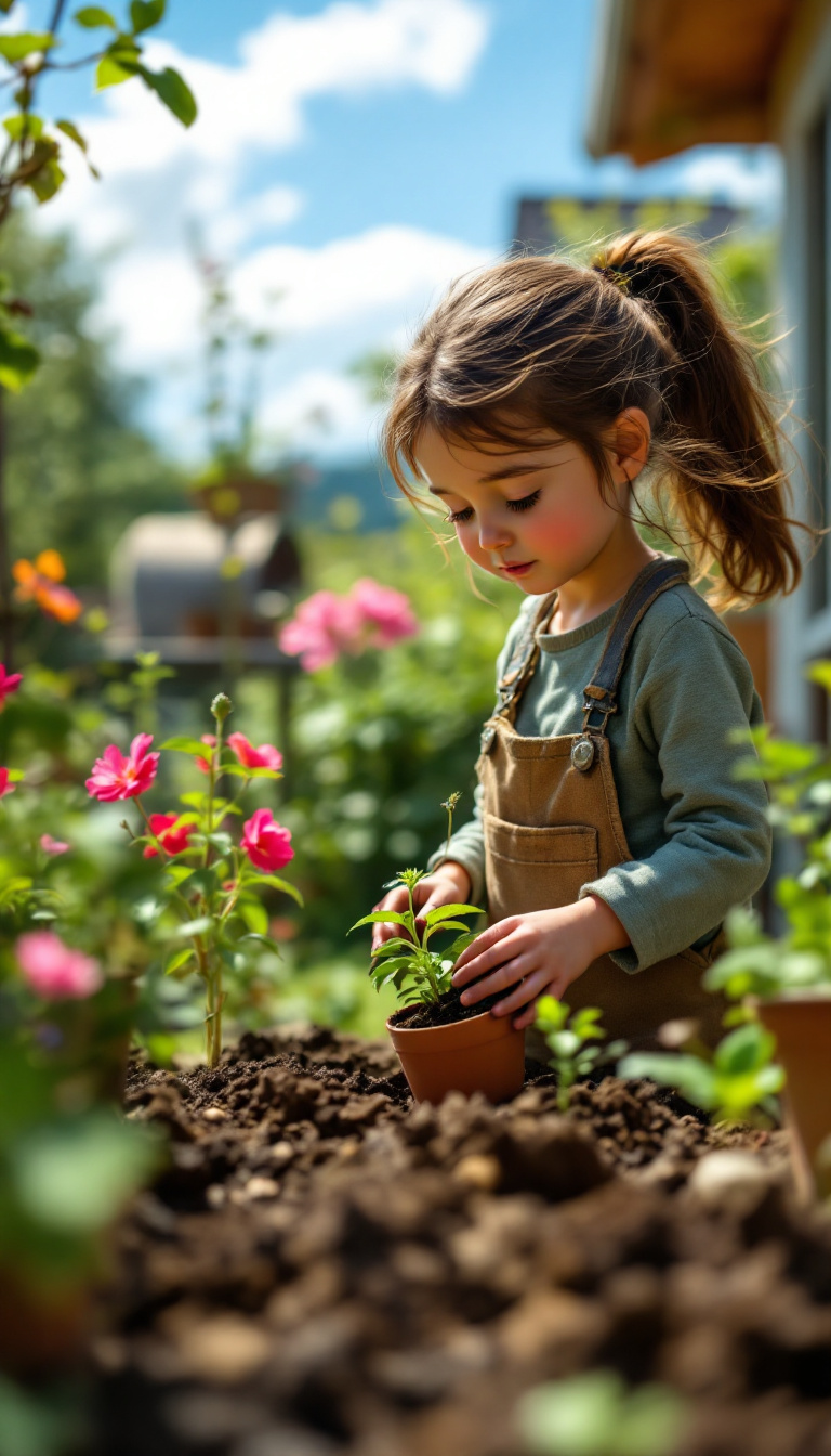 FLUX prompt: a close-up of Emily planting the little pot outsid...