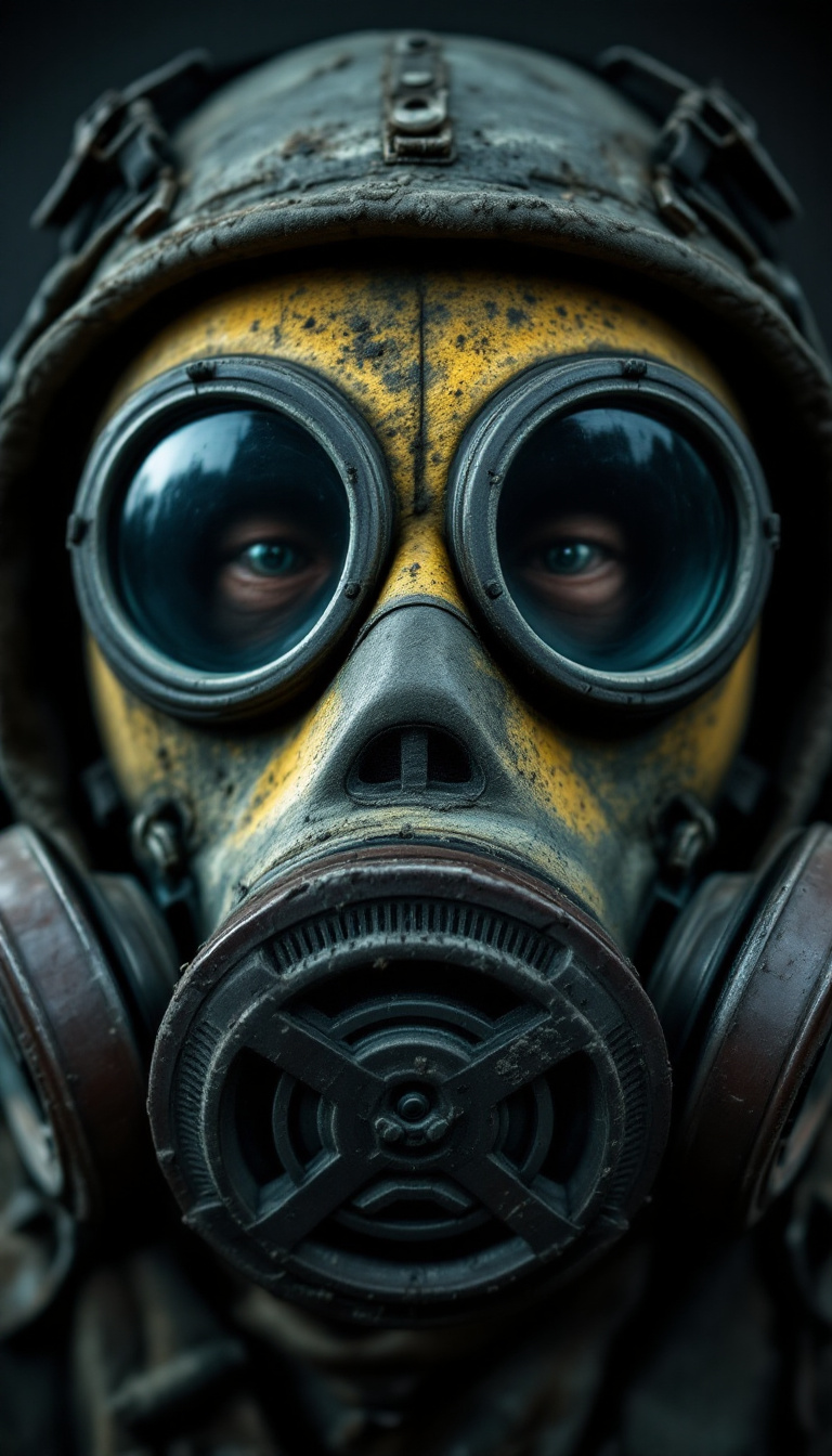 FLUX prompt: A close-up shot of a Chernobyl liquidator's gas ma...