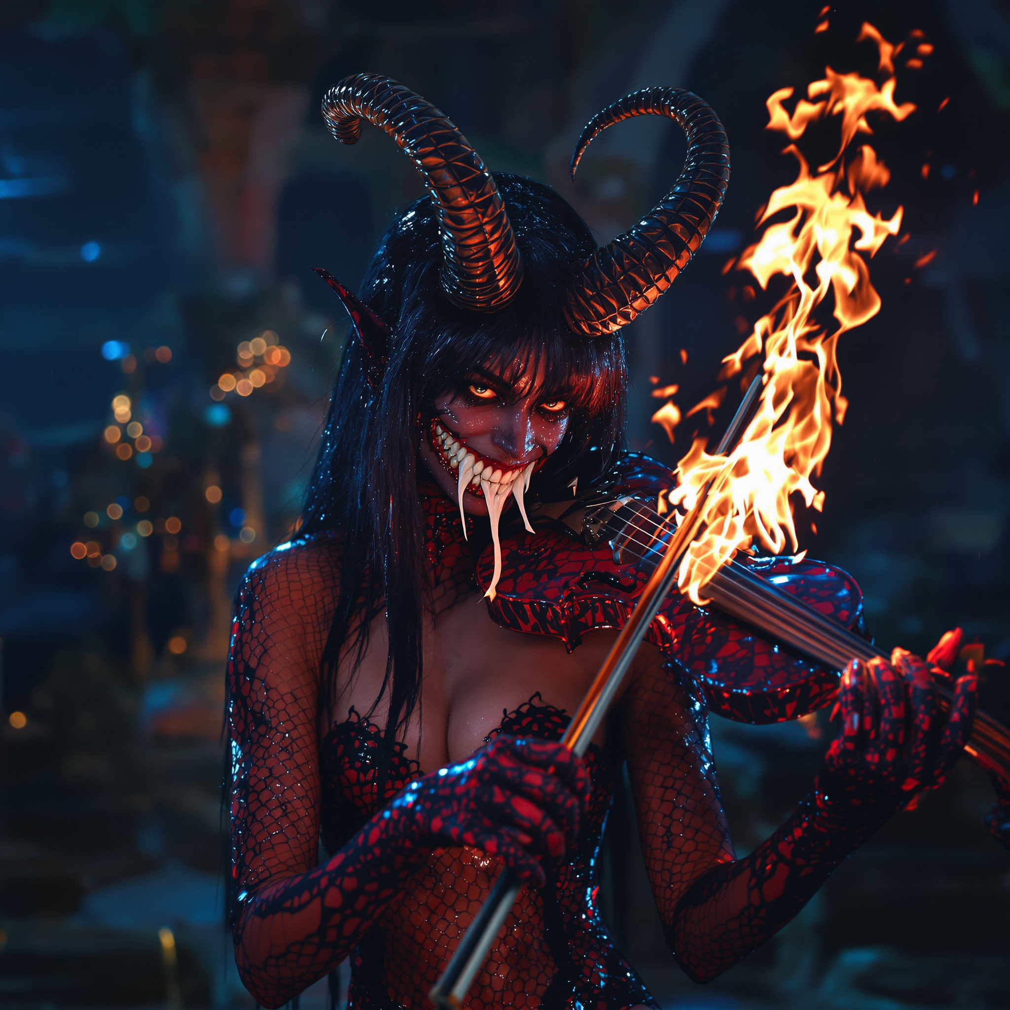 FLUX prompt: A centered shot focusing on the demonic musician's...