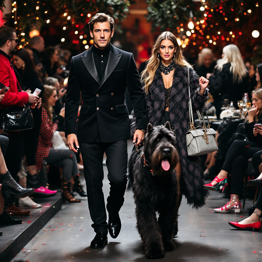 FLUX prompt: all black giant schnauzer walking with his owner i...