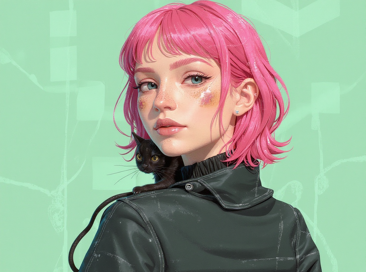 FLUX prompt: An illustration of a quirky girl with pink hair, i...