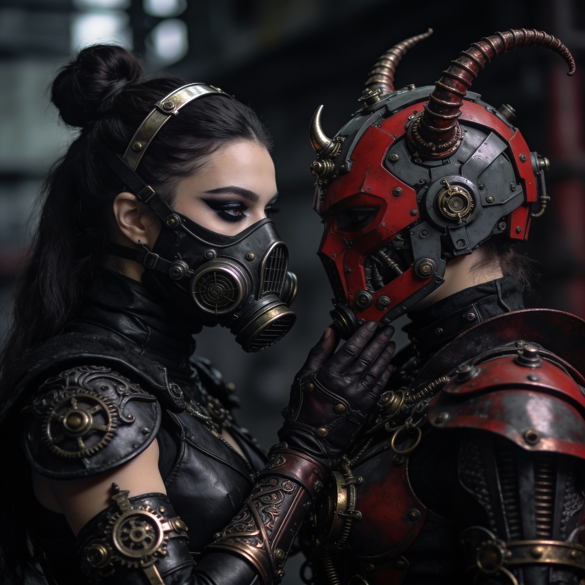 Seedream 4 prompt: Close-up of two women with elaborate, dark, steamp...
