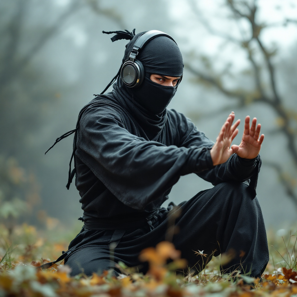 FLUX prompt: a male ninja wrapped in whole body armopr with hea...