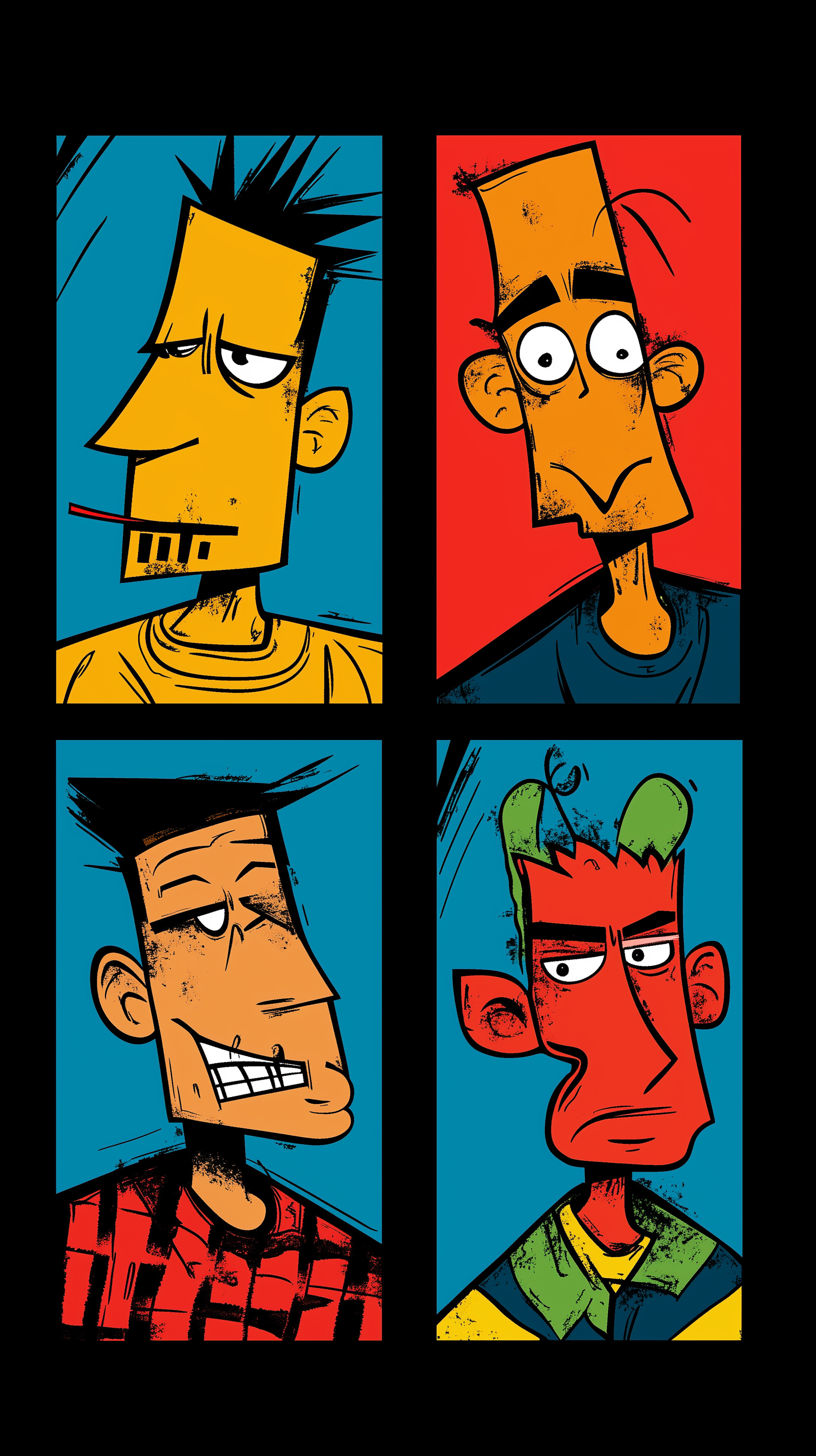 Midjourney prompt: illustration, various four man, square, exaggerate...